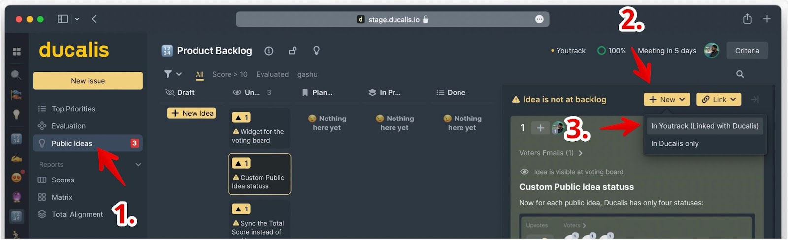 Dropdown für neues Issue mit YouTrack-Option