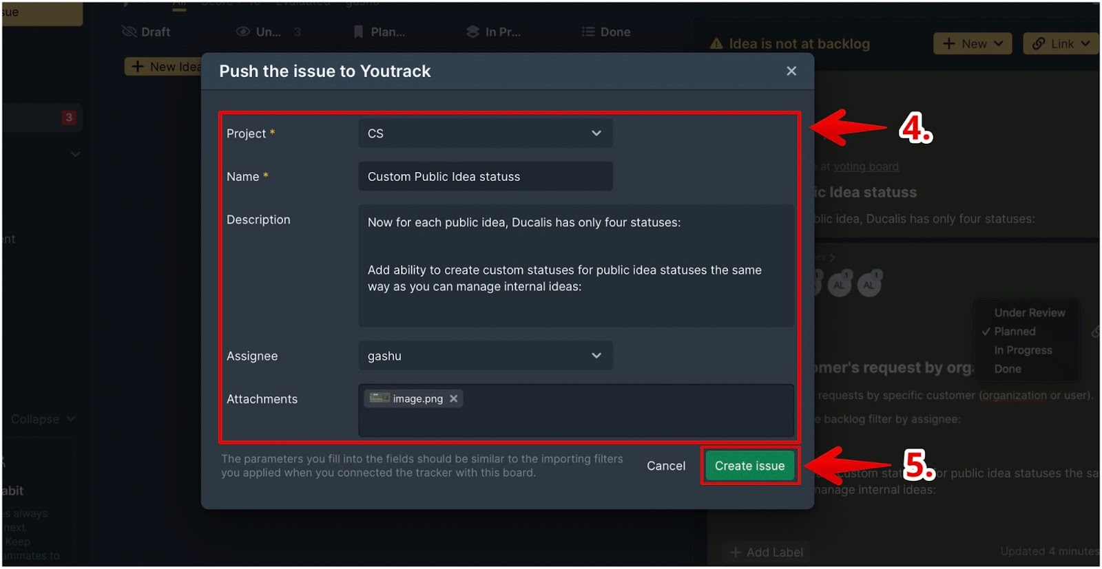 Dialog Create issue aus Voting-Board-Idee