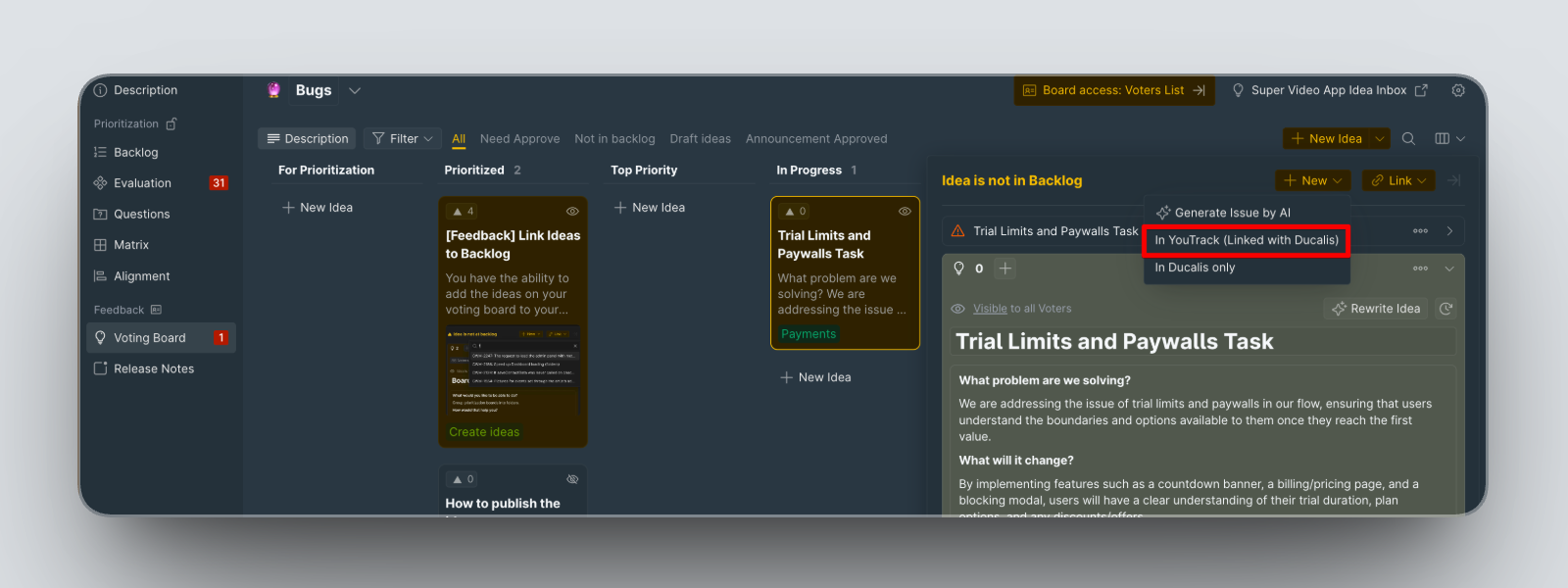 YouTrack オプションを表示する新規課題ドロップダウン