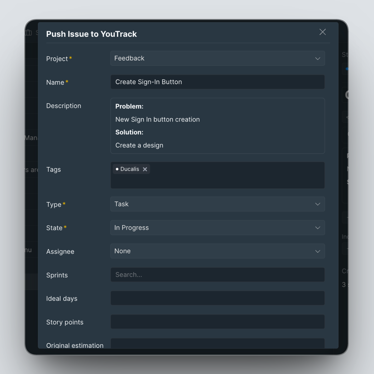 Proje, ad, açıklama ve atanan kişi alanlarını içeren kayıt oluşturma iletişim kutusu
