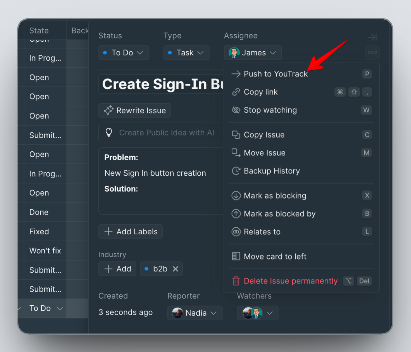 Kayıt kartındaki YouTrack'e Gönder düğmesi