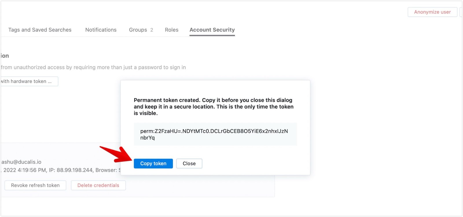 Schaltfläche zum Kopieren des Tokens