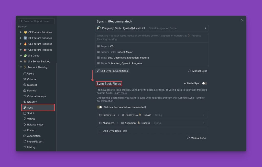 Sync Back Fields-Bereich