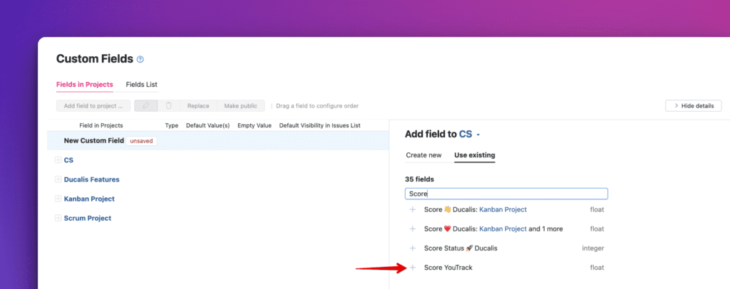 Vorhandenes Feld auswählen