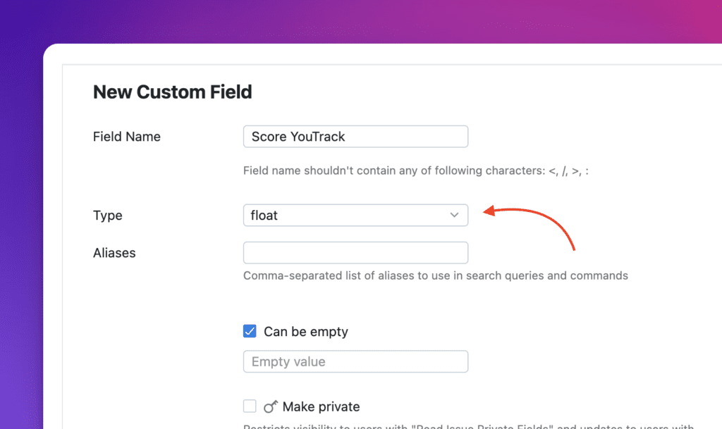 YouTrack でのフィールドタイプ選択