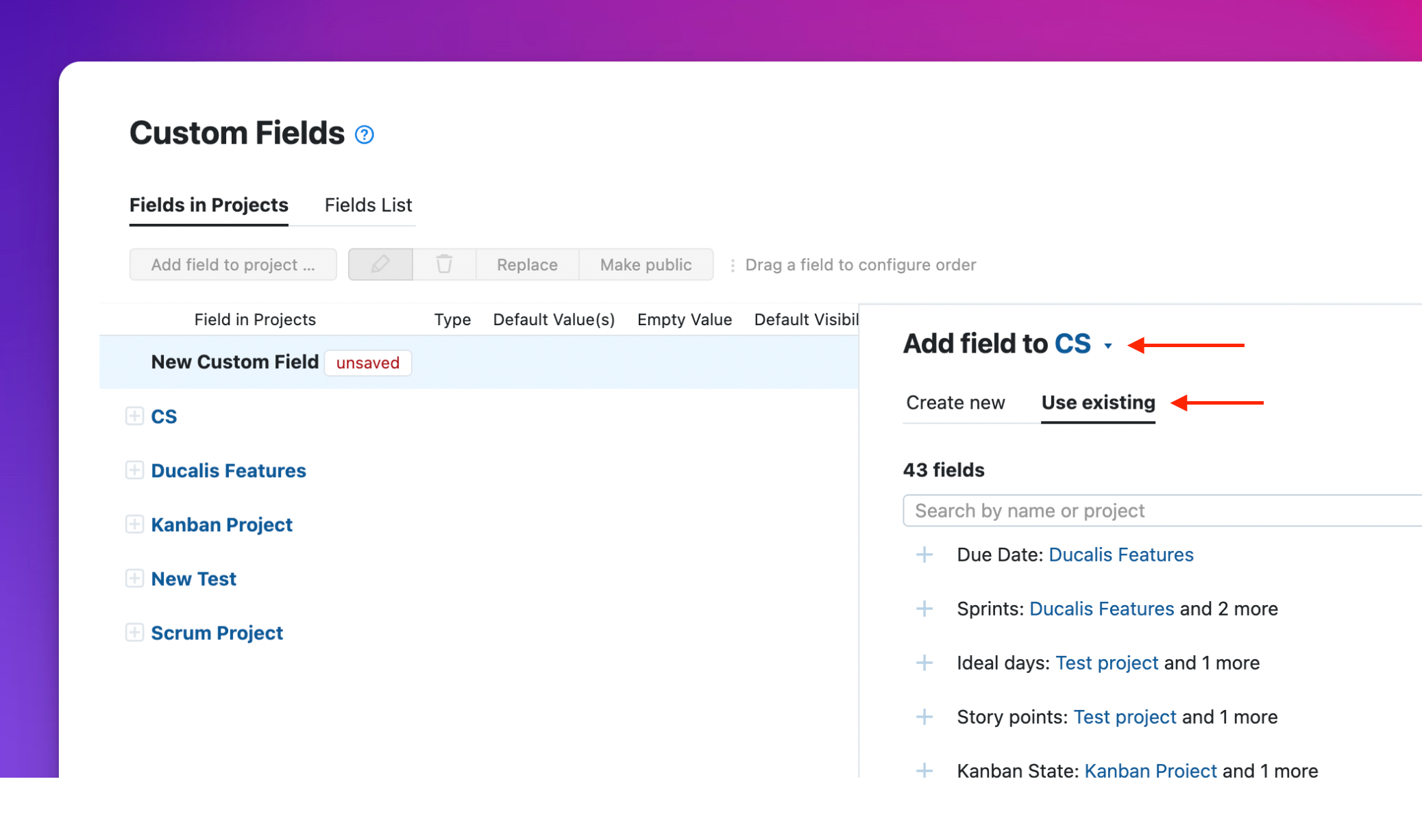 プロジェクトにフィールドを追加ダイアログ