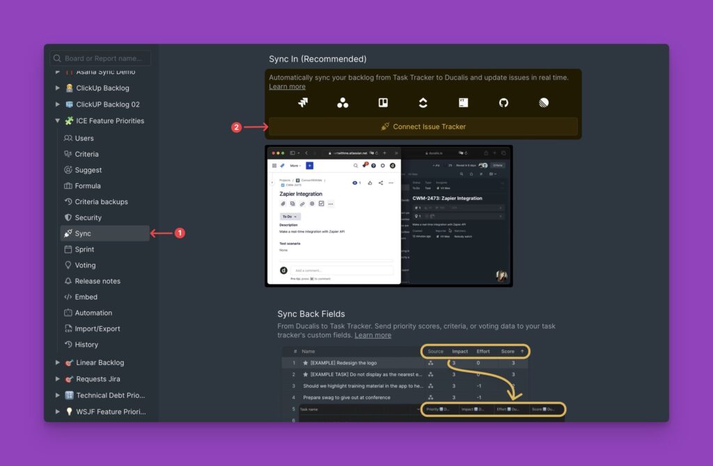 Connect Issue Tracker-Button in den Sync-Einstellungen
