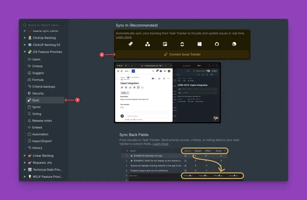 同期設定の課題トラッカー接続ボタン