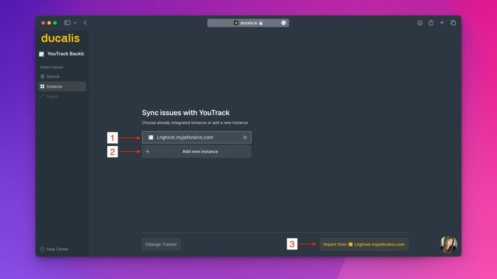 Instanz-Dropdown in den Importeinstellungen