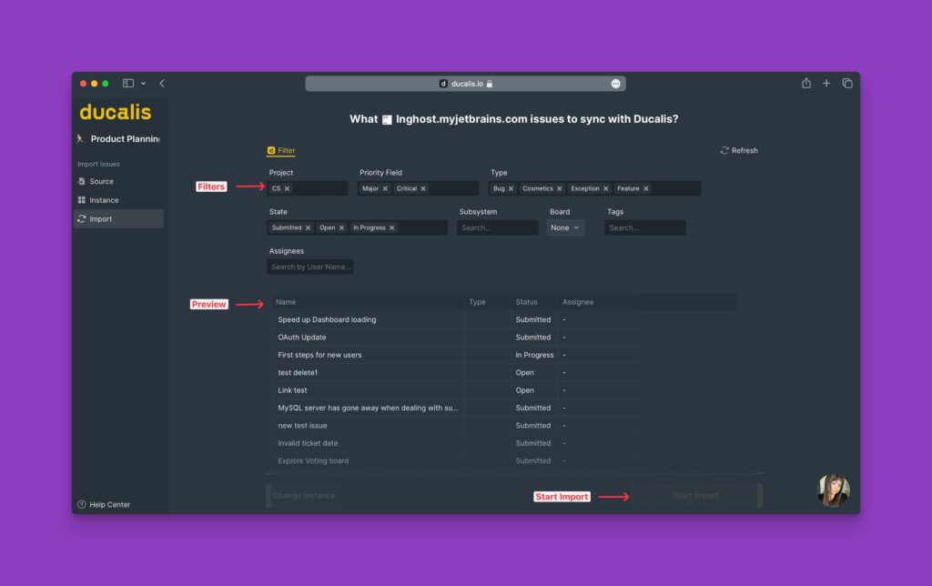 Filterauswahl und Vorgangsvorschau