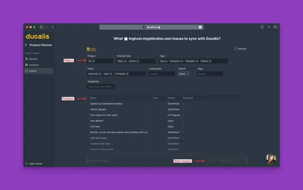 フィルタ選択と課題のプレビュー