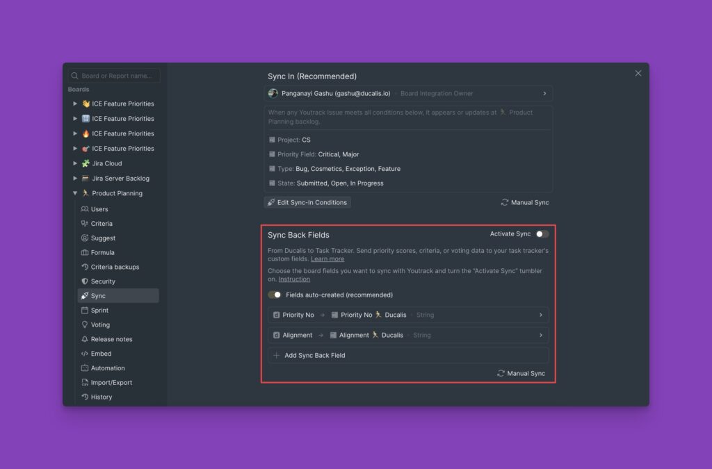 Sync Back-Einstellungspanel