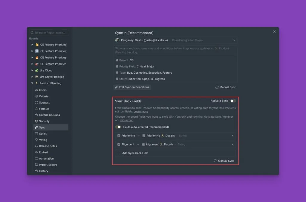 逆同期設定パネル