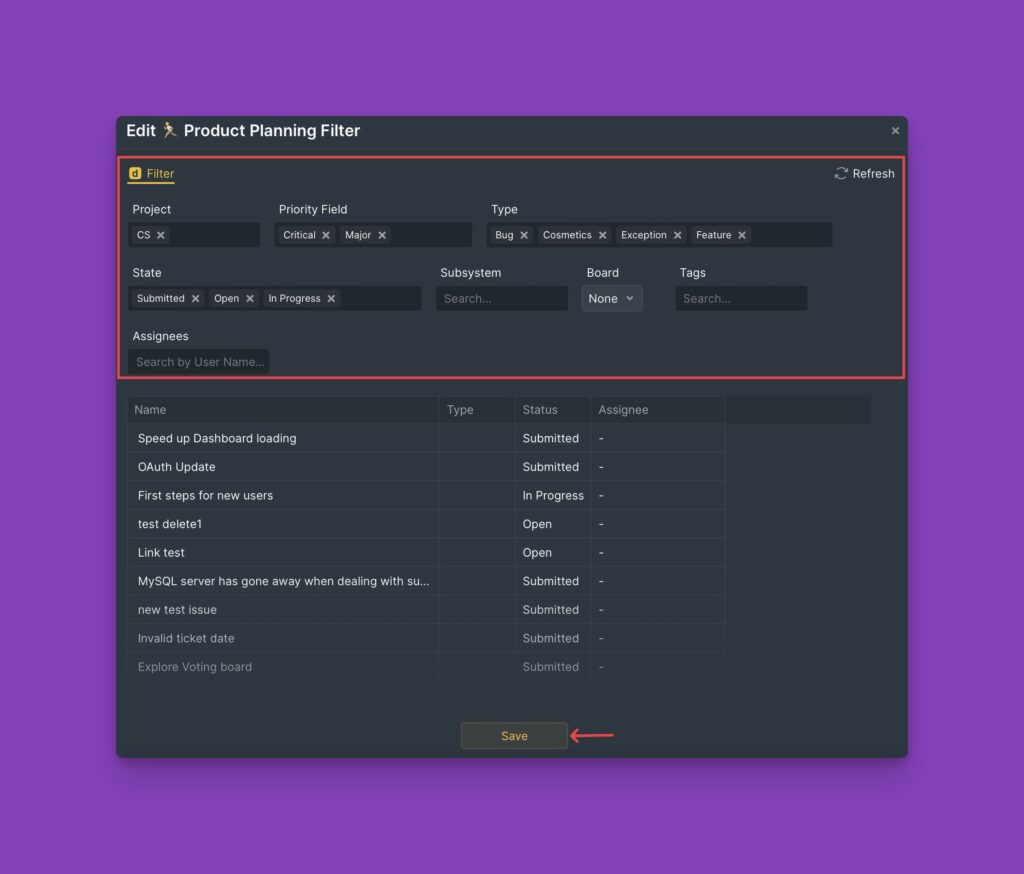 Filter-Bearbeitungsoberfläche mit verfügbaren Bedingungen