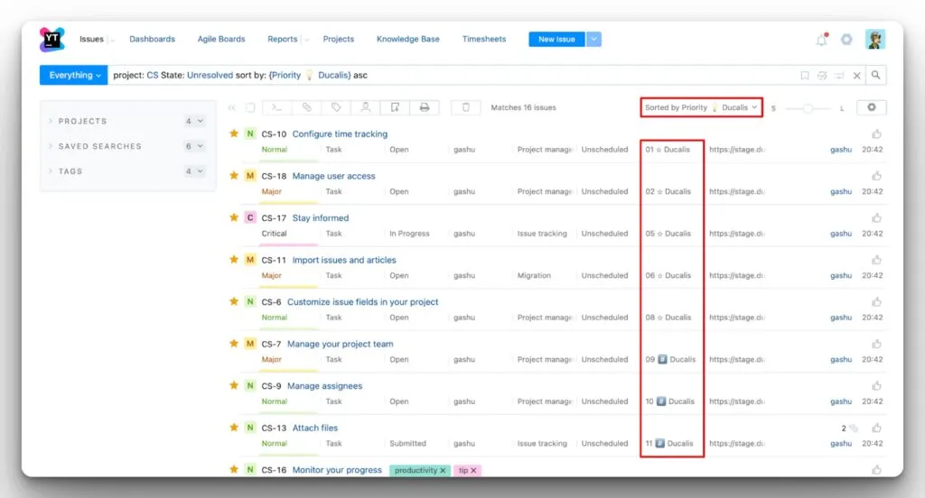 同期された優先度スコアを表示する YouTrack インターフェース