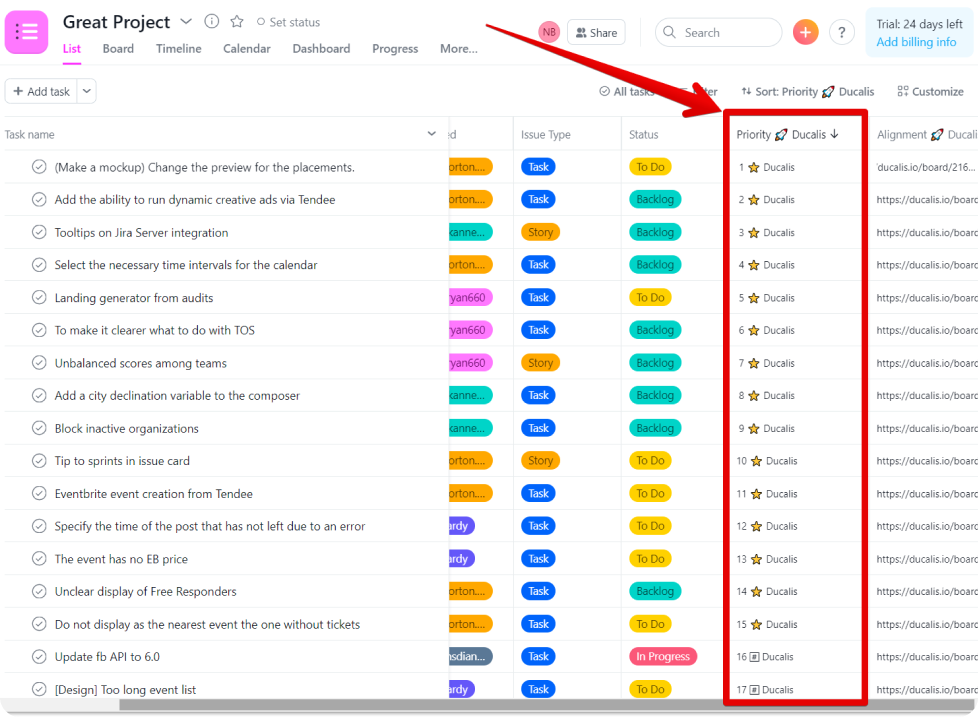 asana priority rank with ducalis.io